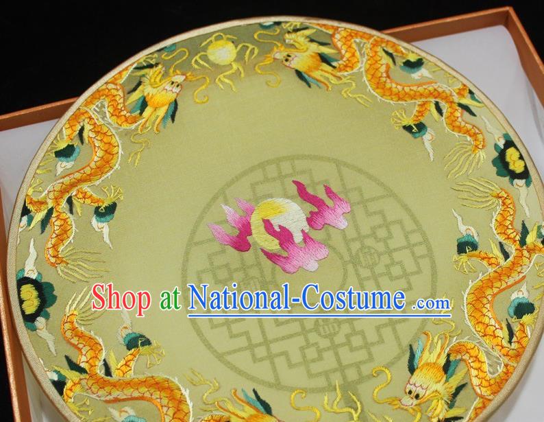 China Handmade Suzhou Embroidery Dragons Fan Embroidered Palace Fan Traditional Hanfu Yellow Silk Fan Round Fan