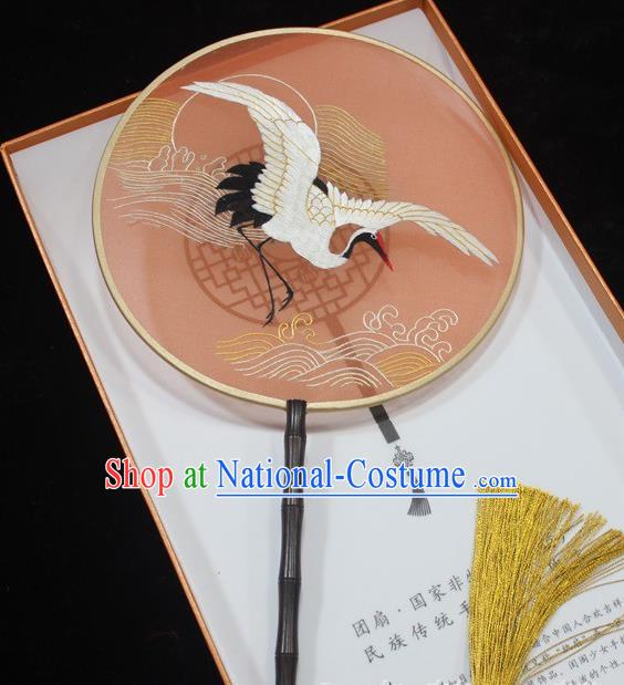 China Embroidered Palace Fan Traditional Hanfu Red Silk Fan Round Fan Handmade Suzhou Embroidery Crane Fan