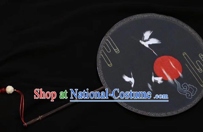 China Round Fan Handmade Suzhou Embroidery Cranes Palace Fan Embroidered Silk Fans Traditional Dance Double Side Fan