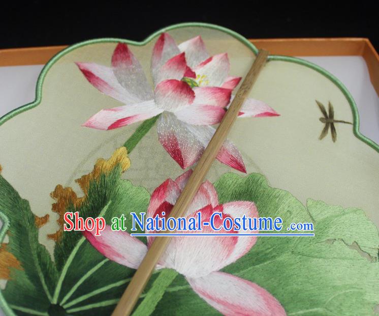 China Embroidered Dance Fan Handmade Suzhou Embroidery Lotus Palace Fan Green Silk Fan Traditional Hanfu Fan