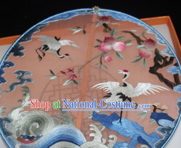 China Red Silk Round Fan Embroidery Crane Palace Fan Handmade Suzhou Embroidered Fan Traditional Court Hanfu Fan