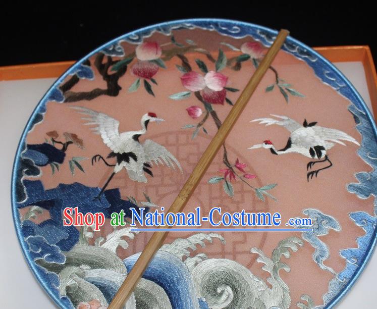 China Red Silk Round Fan Embroidery Crane Palace Fan Handmade Suzhou Embroidered Fan Traditional Court Hanfu Fan