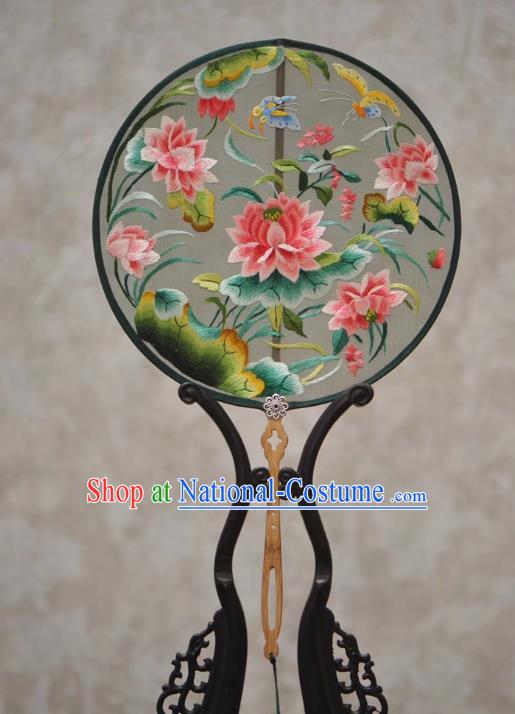 Handmade China Ancient Palace Fan Traditional Court Hanfu Fan Exquisite Embroidery Lotus Fans