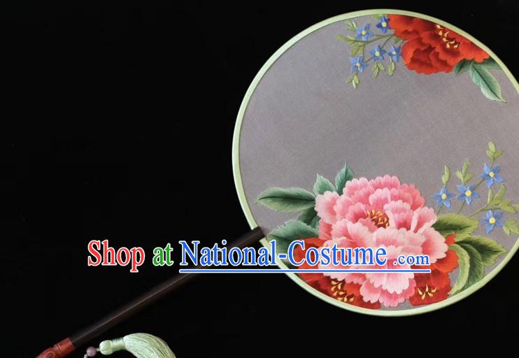 China Ancient Princess Silk Fans Embroidered Round Fan Handmade Suzhou Embroidery Peony Palace Fan