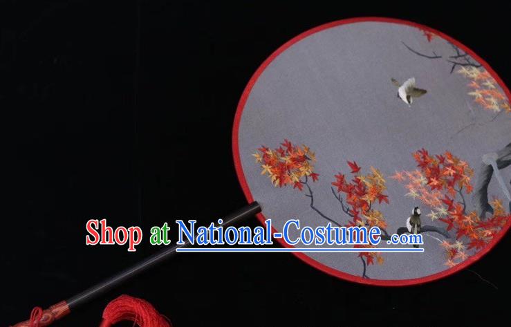 China Suzhou Embroidery Maple Leaf Palace Fan Ancient Bride Fan Court Dance Silk Fans Handmade Embroidered Round Fan