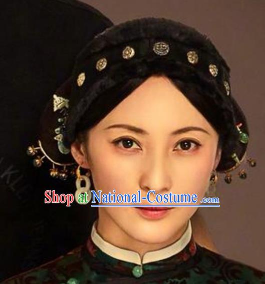 China Ancient Rich Mistress Earrings Handmade Traditional Qing Dynasty Women Jade Ear Accessories