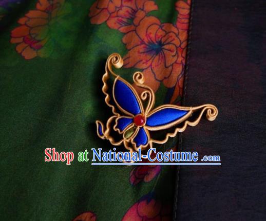 China Cheongsam Breastpin Handmade Traditional Accessories Blue Silk Butterfly Brooch