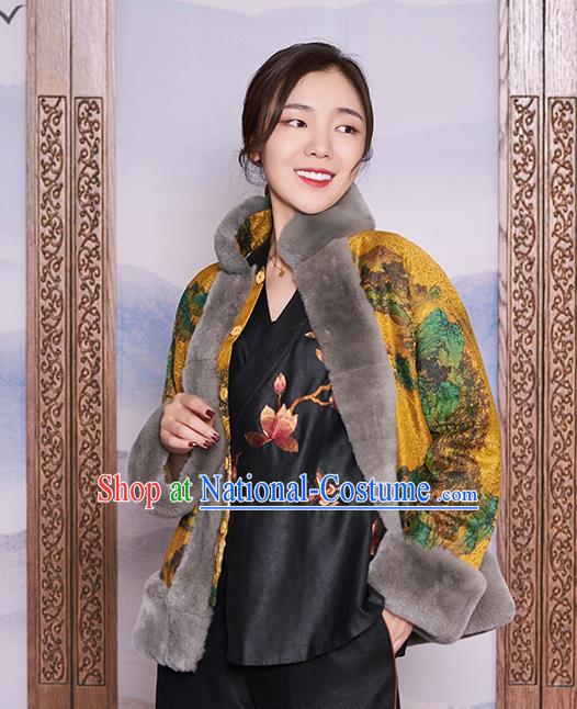 Chinese Women Winter Outer Garment Yellow Watered Gauze Coat Traditional National Clothing Jacket