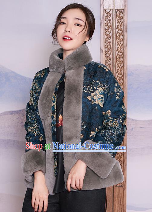 Chinese Navy Jacket Women Winter Outer Garment Watered Gauze Coat Traditional National Clothing