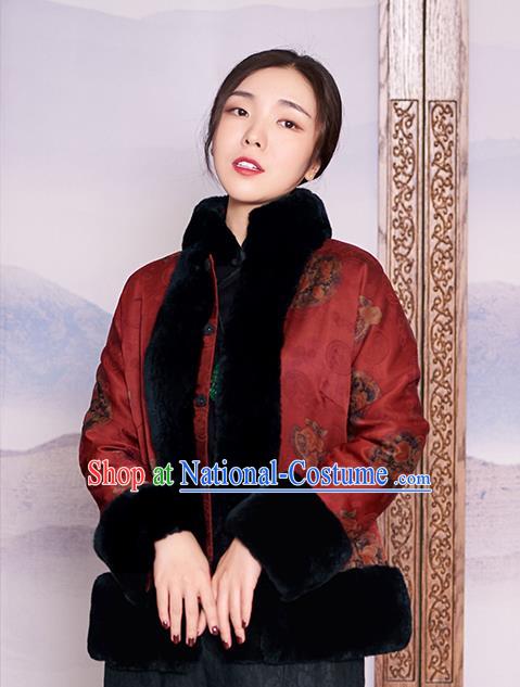 Chinese Purplish Red Watered Gauze Jacket Women Coat Traditional National Clothing Winter Outer Garment