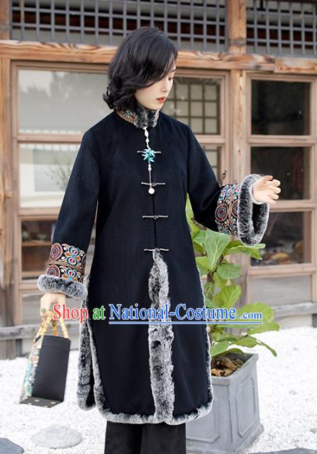 Chinese Black Woolen Dust Coat Women Embroidered Coat Traditional National Clothing Winter Outer Garment