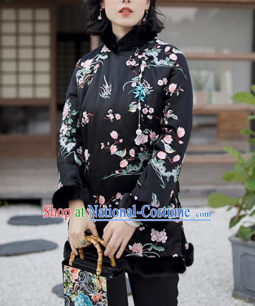 Chinese Black Satin Jacket Traditional National Clothing Winter Outer Garment Women Embroidered Cotton Wadded Coat