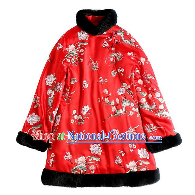 Chinese Traditional National Clothing Winter Outer Garment Women Embroidered Cotton Wadded Coat Red Satin Jacket