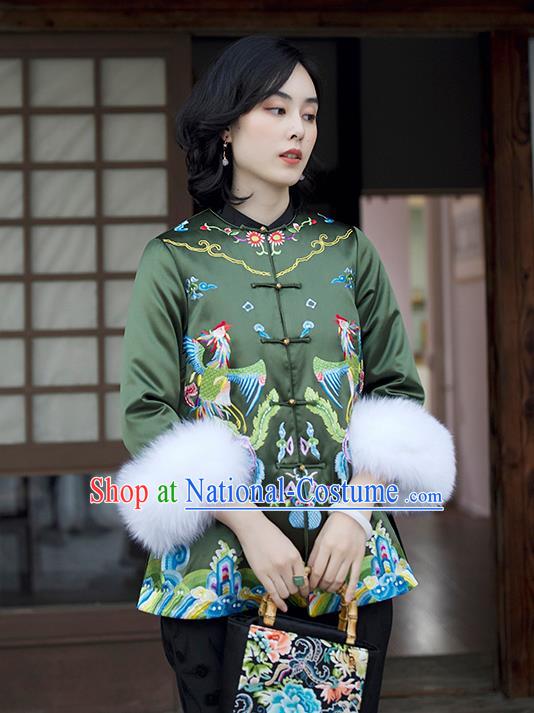 Chinese Women Green Satin Jacket Winter Outer Garment Traditional National Clothing Embroidered Phoenix Cotton Wadded Coat