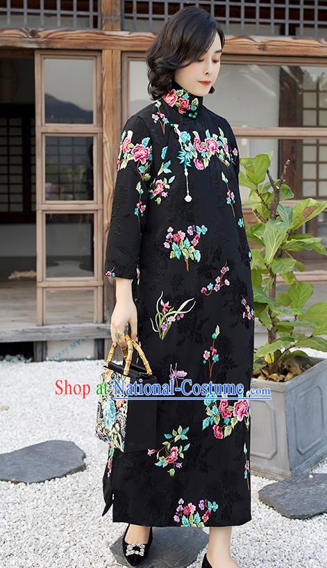 Traditional Embroidered Orchids Peony Cheongsam China National Clothing Black Satin Qipao Dress for Women