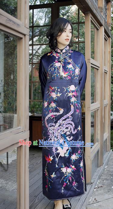 Traditional China Classical Phoenix Pattern Navy Watered Gauze Qipao Dress National Clothing Embroidered Cheongsam for Women