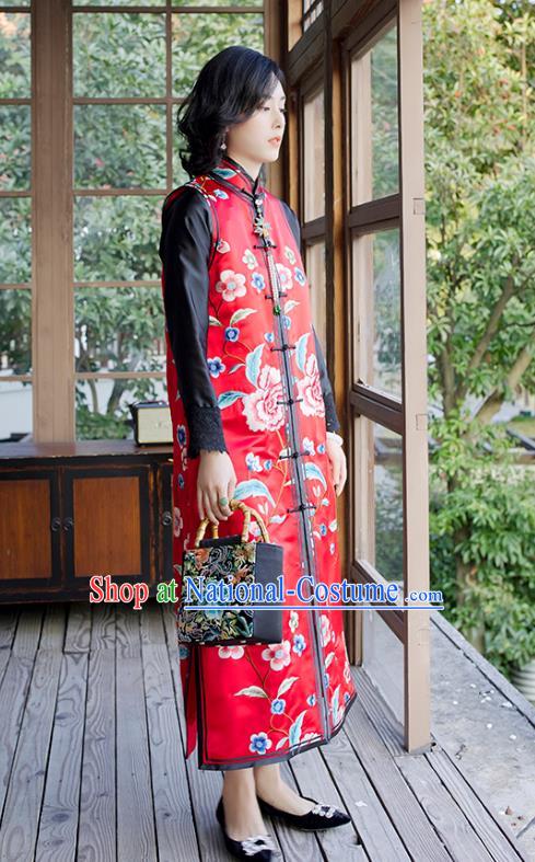 Traditional China Classical Peony Pattern Red Satin Qipao Dress National Clothing Embroidered Vest Cheongsam for Women