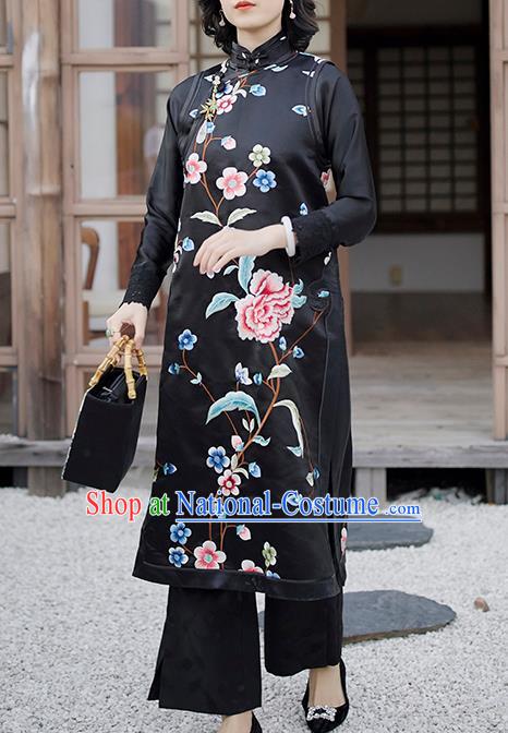 Traditional China Embroidered Vest Cheongsam Classical Peony Pattern Black Satin Qipao Dress National Clothing for Women