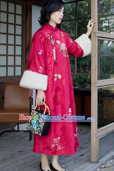 Traditional China Classical Qipao Dress National Winter Clothing Embroidered Flowers Rosy Satin Cheongsam for Women