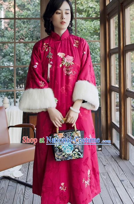 Traditional China Classical Qipao Dress National Winter Clothing Embroidered Flowers Rosy Satin Cheongsam for Women