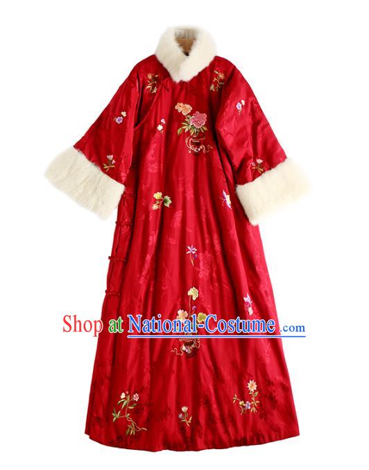 Traditional China Classical Qipao Dress National Winter Clothing Embroidered Flowers Rosy Satin Cheongsam for Women