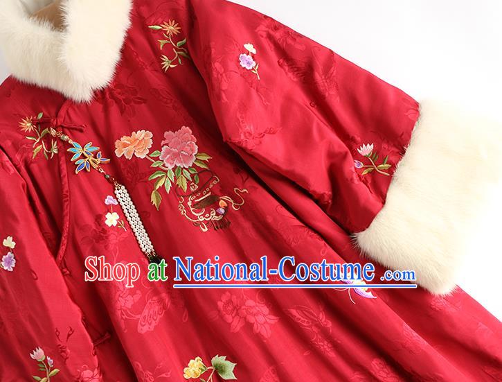 Traditional China Classical Qipao Dress National Winter Clothing Embroidered Flowers Rosy Satin Cheongsam for Women