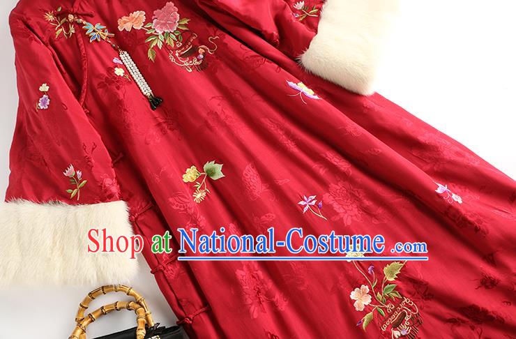 Traditional China Classical Qipao Dress National Winter Clothing Embroidered Flowers Rosy Satin Cheongsam for Women