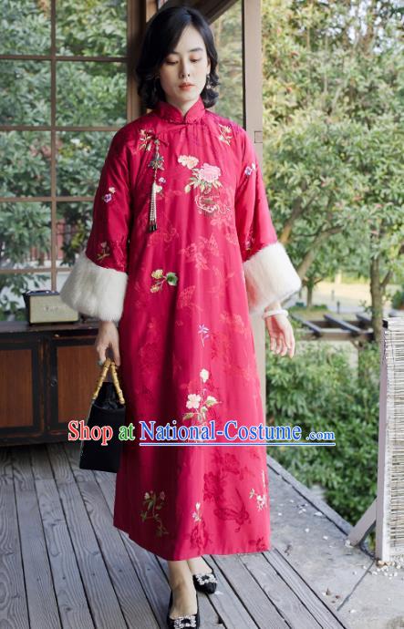 Traditional China Classical Qipao Dress National Winter Clothing Embroidered Flowers Rosy Satin Cheongsam for Women