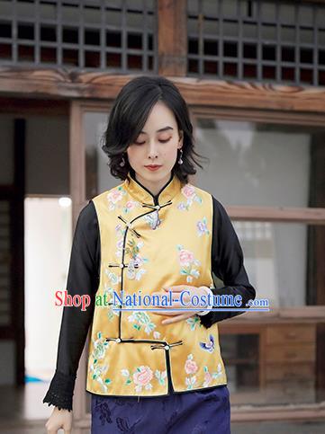 Traditional China Embroidered Butterfly Peony Yellow Satin Waistcoat Classical Cheongsam Vest National Clothing for Women