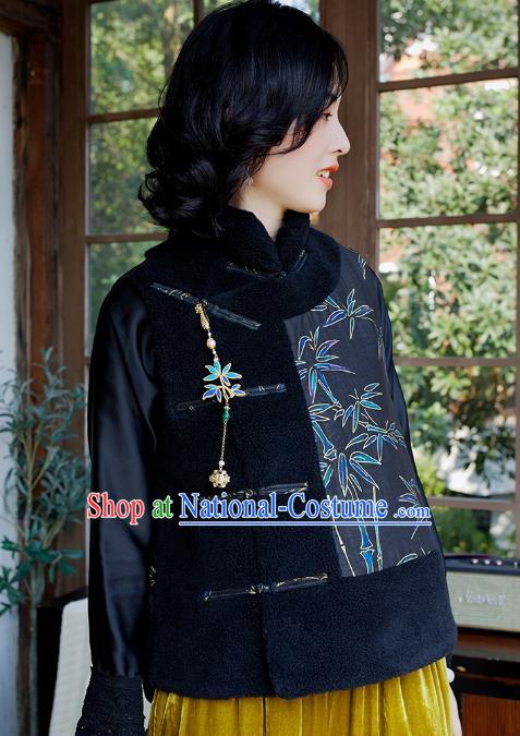 Traditional China Embroidered Bamboo Black Waistcoat Classical Cheongsam Vest National Female Clothing