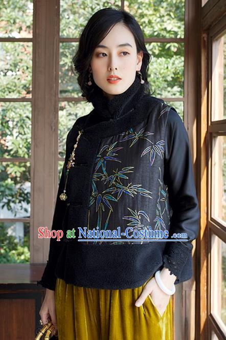 Traditional China Embroidered Bamboo Black Waistcoat Classical Cheongsam Vest National Female Clothing