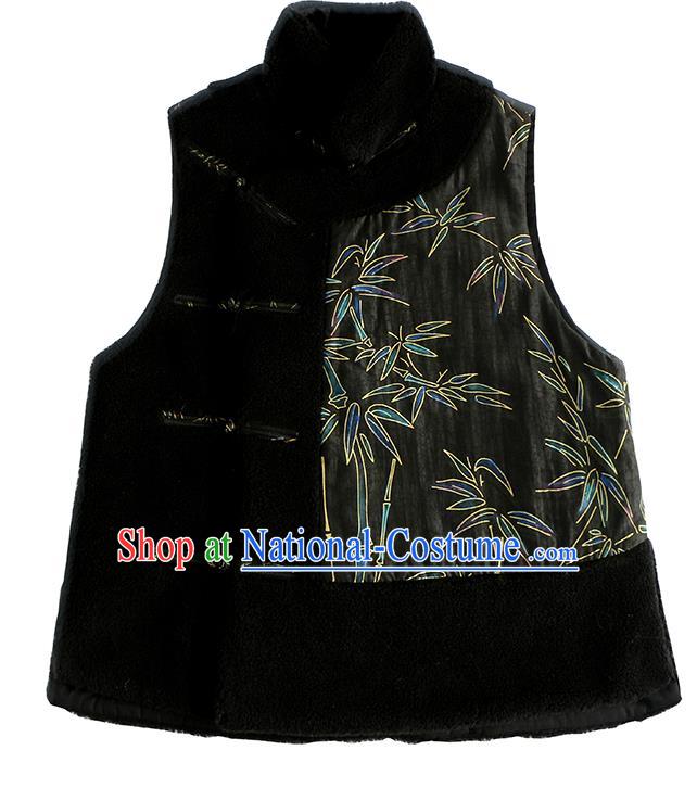 Traditional China Embroidered Bamboo Black Waistcoat Classical Cheongsam Vest National Female Clothing