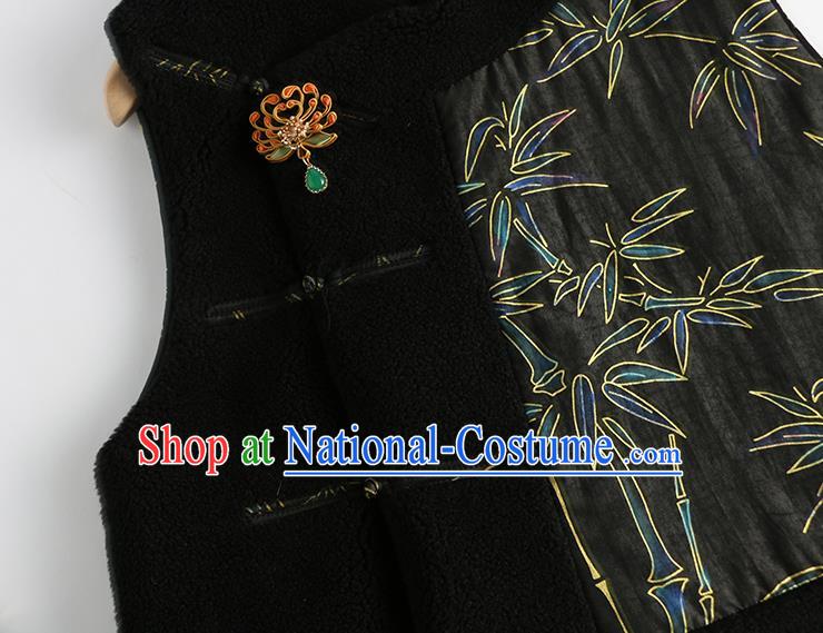 Traditional China Embroidered Bamboo Black Waistcoat Classical Cheongsam Vest National Female Clothing