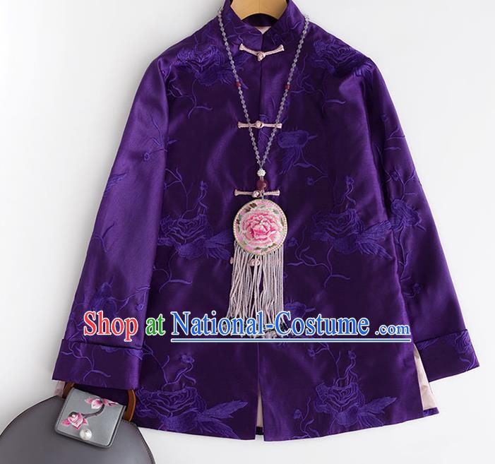 Chinese Women Outer Garment Embroidered Purple Silk Coat Embroidery Jacket Traditional National Clothing