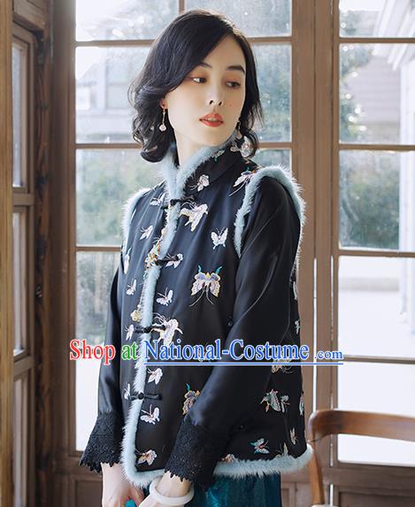 Traditional Embroidered Butterfly Waistcoat National Female Clothing China Classical Cheongsam Black Cotton Padded Vest