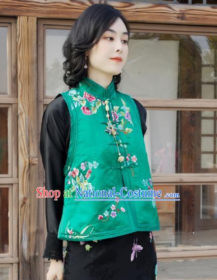 Traditional Embroidered Green Satin Waistcoat National Female Clothing China Classical Cheongsam Vest Upper Outer Garment