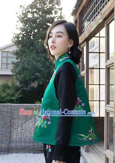 Traditional Embroidered Green Satin Waistcoat National Female Clothing China Classical Cheongsam Vest Upper Outer Garment