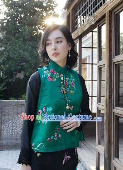 Traditional Embroidered Green Satin Waistcoat National Female Clothing China Classical Cheongsam Vest Upper Outer Garment