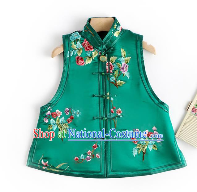 Traditional Embroidered Green Satin Waistcoat National Female Clothing China Classical Cheongsam Vest Upper Outer Garment