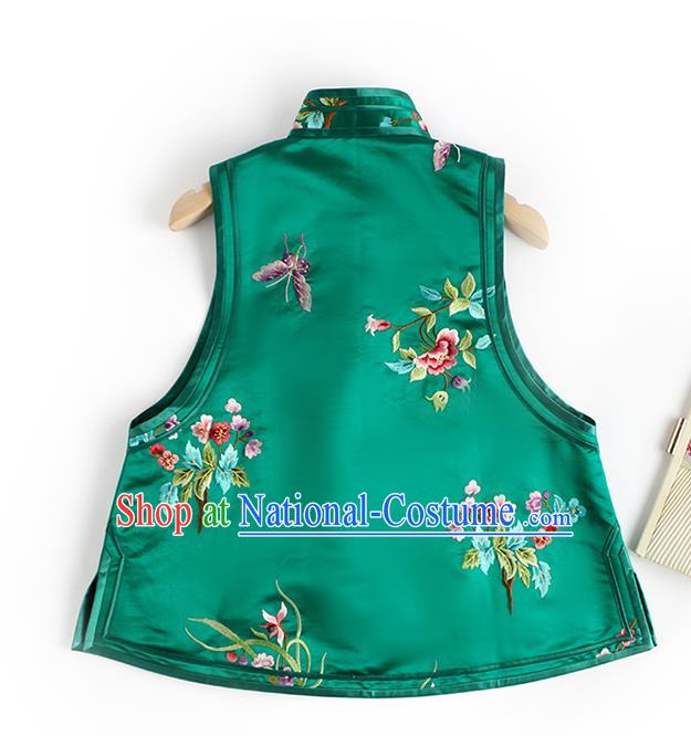 Traditional Embroidered Green Satin Waistcoat National Female Clothing China Classical Cheongsam Vest Upper Outer Garment