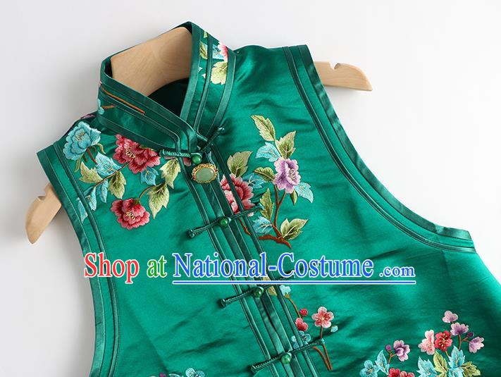 Traditional Embroidered Green Satin Waistcoat National Female Clothing China Classical Cheongsam Vest Upper Outer Garment