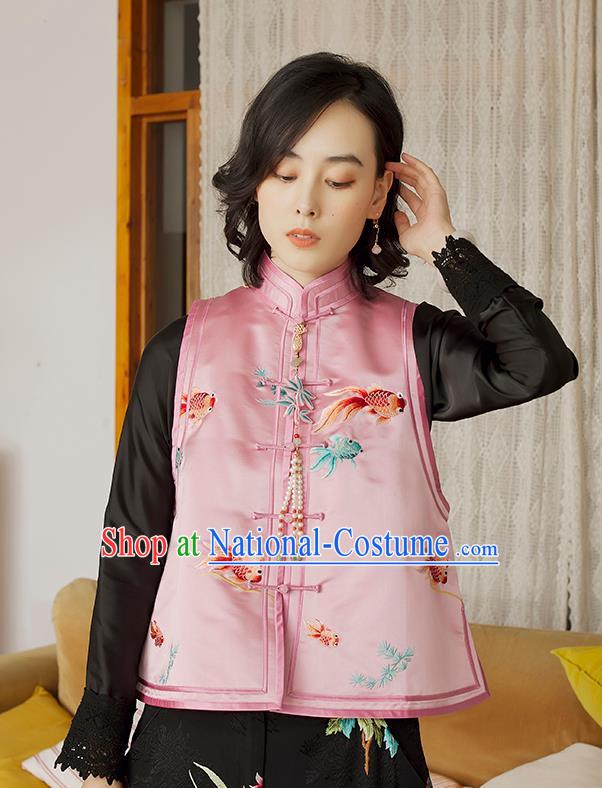 Traditional National Female Clothing China Classical Cheongsam Vest Upper Outer Garment Embroidered Pink Satin Waistcoat