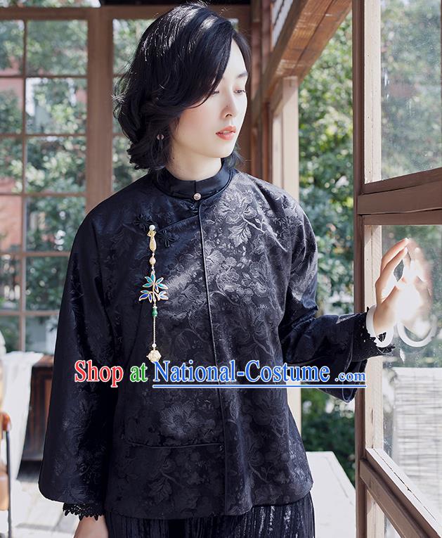 Chinese Traditional Outer Garment National Clothing Women Jacket Black Jacquard Short Coat