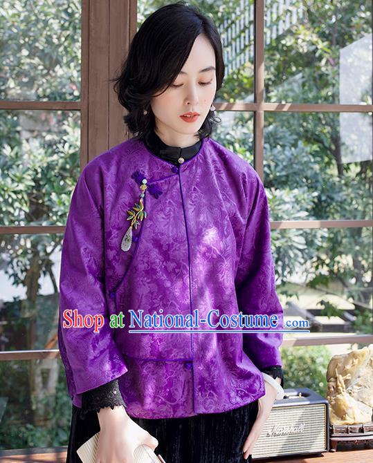 Chinese National Clothing Women Jacket Purple Jacquard Short Coat Traditional Outer Garment