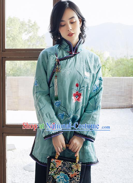 Chinese Traditional Women Blue Cotton Wadded Jacket Embroidered Lotus Coat Winter Outer Garment National Clothing