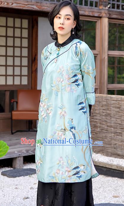 China Traditional National Female Clothing Classical Cheongsam Embroidered Light Blue Qipao Dress