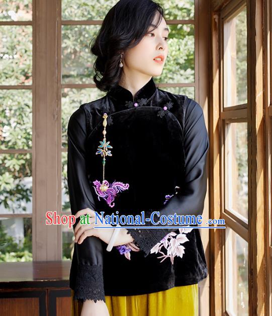 Traditional China Embroidered Peony Black Velvet Waistcoat National Female Clothing Classical Cheongsam Vest