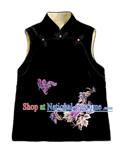 Traditional China Embroidered Peony Black Velvet Waistcoat National Female Clothing Classical Cheongsam Vest