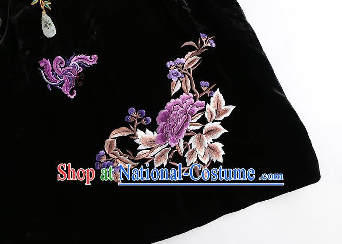 Traditional China Embroidered Peony Black Velvet Waistcoat National Female Clothing Classical Cheongsam Vest