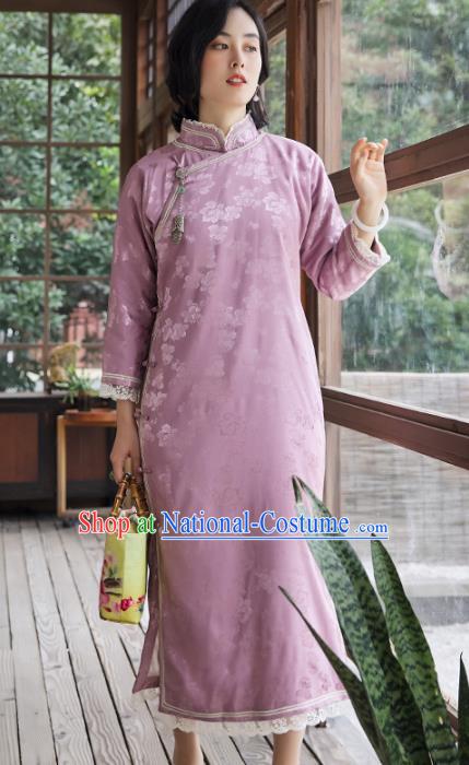 China Classical Lilac Silk Lace Cheongsam Traditional National Female Clothing Women Qipao Dress